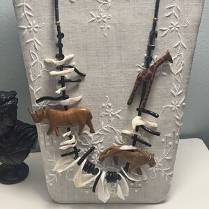 Vintage African Beaded Necklace With Hand-Carved Wooden Animals